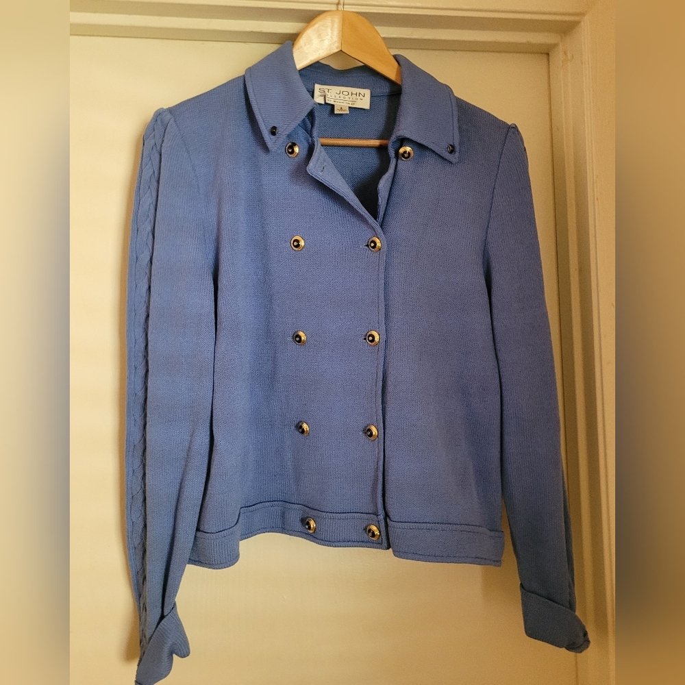 St. John Collection by Marie Blue Knit Cardigan Sweater Double Breasted Size 6